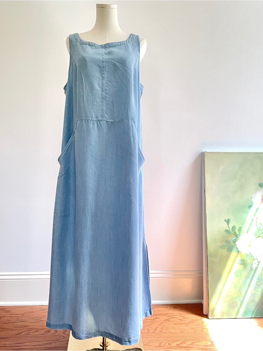 J Jill Denim Tencel Maxi Dress XL Sleeveless Pockets Minimalist Lagenlook Artsy